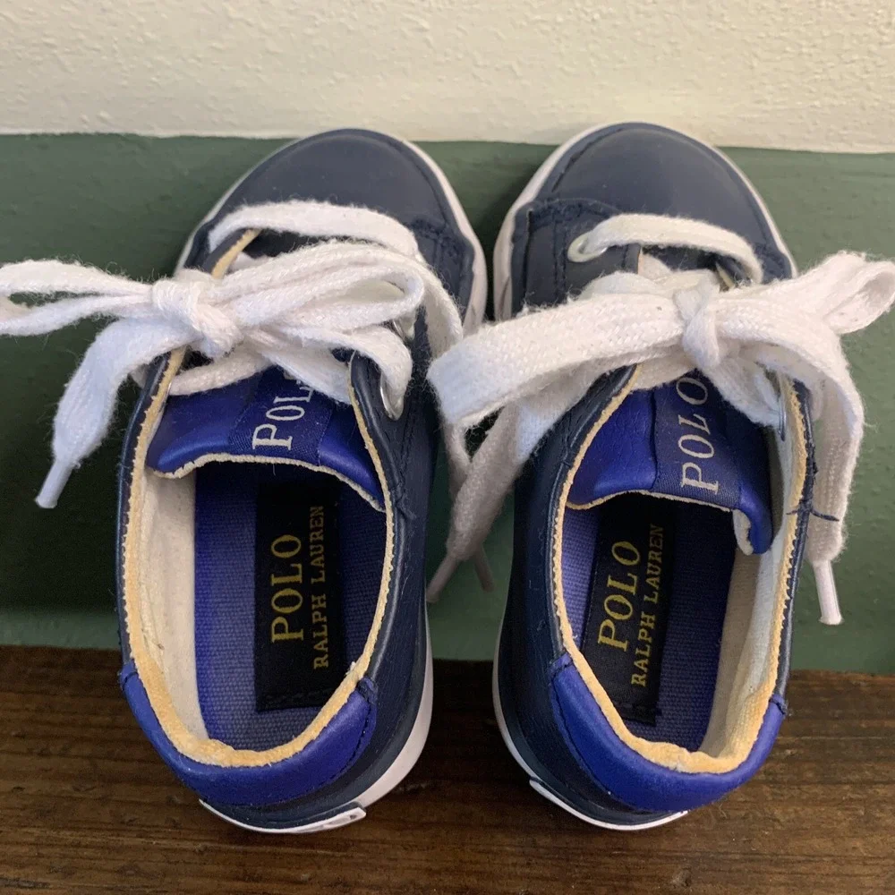 Polo Ralph Lauren Toddler Shoes US sz 5 Blue & White Pony Faux Leather Lace Up
